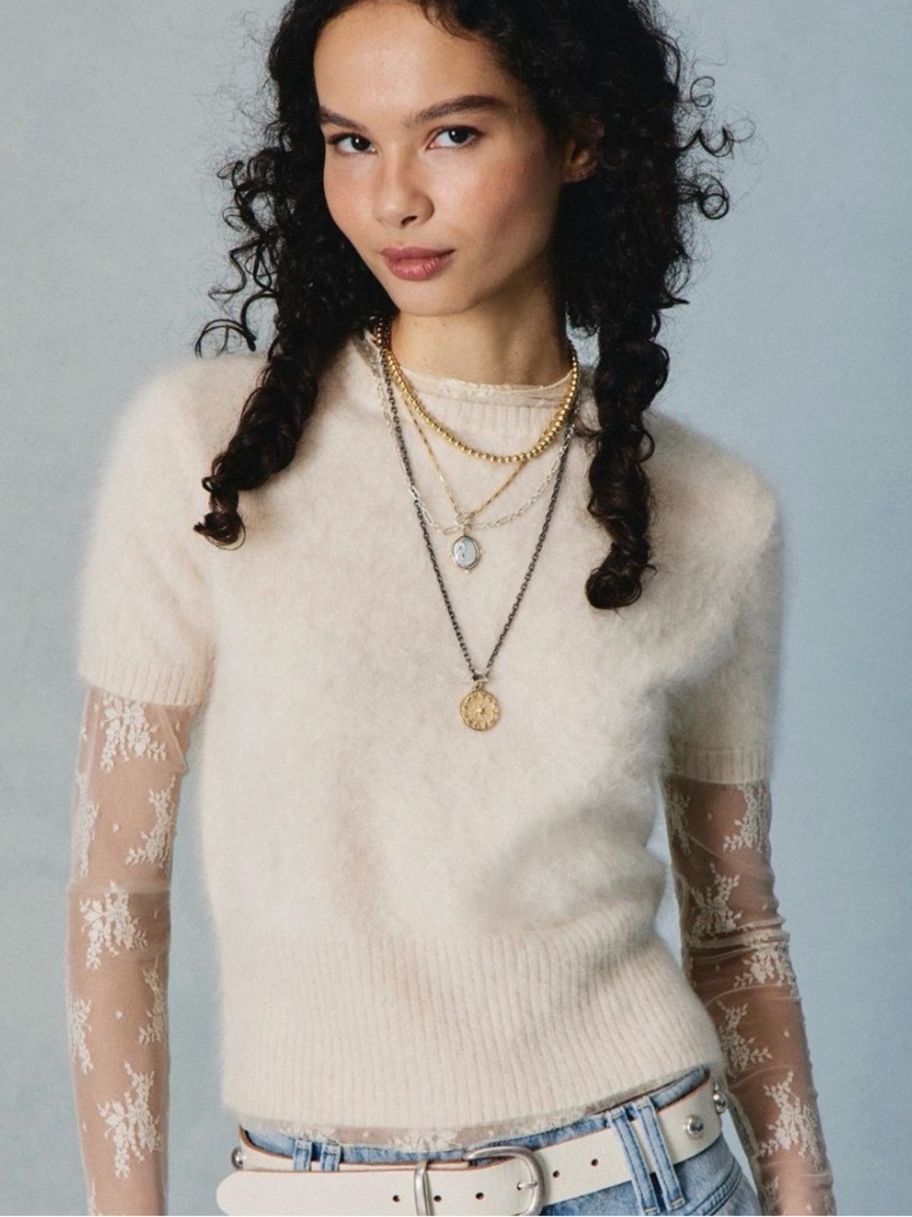 Free people belle size Small brushed 100% cashmere tee ivory cream off white